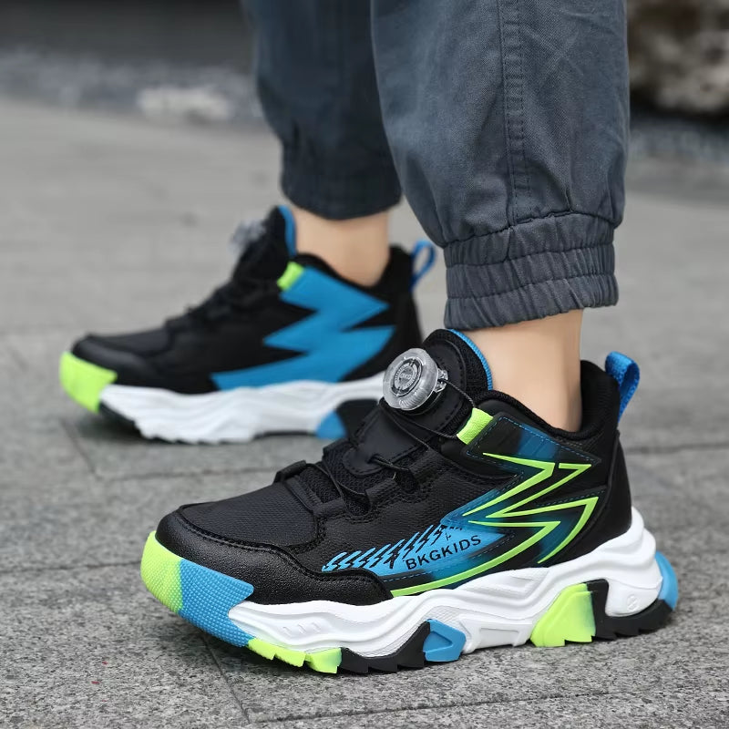 Children'S Autumn New Rotating Buckle Sneakers Boys Knitted Mesh Breathable Sneakers Lightweight and anti Slip Running Shoes