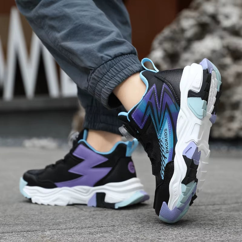 Children'S Autumn New Rotating Buckle Sneakers Boys Knitted Mesh Breathable Sneakers Lightweight and anti Slip Running Shoes