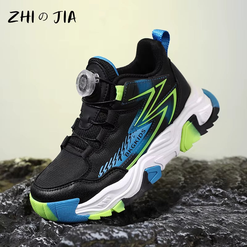 Children'S Autumn New Rotating Buckle Sneakers Boys Knitted Mesh Breathable Sneakers Lightweight and anti Slip Running Shoes