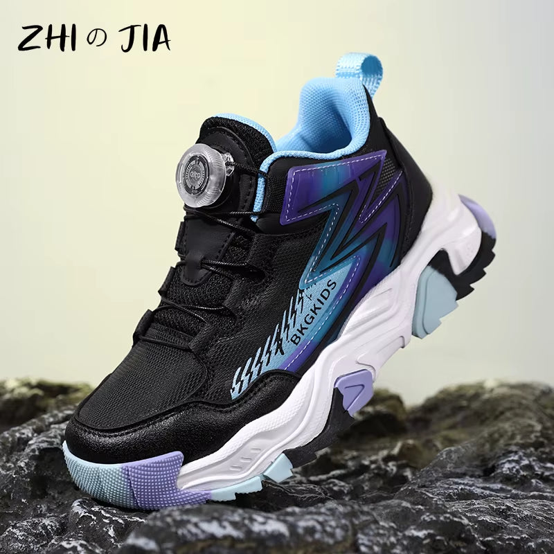 Children'S Autumn New Rotating Buckle Sneakers Boys Knitted Mesh Breathable Sneakers Lightweight and anti Slip Running Shoes